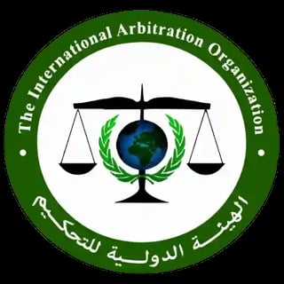 International Arbitration Organization logo with scales of justice, globe, laurel wreaths, and green circular border