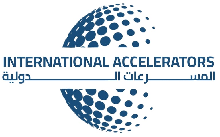 International Accelerators logo featuring a blue dotted globe with text in English and Arabic